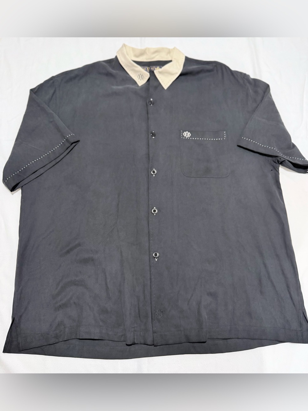 Nat Nast Luxury Originals Men’s XL 100% Silk Black Bowling Shirt Embroidered
